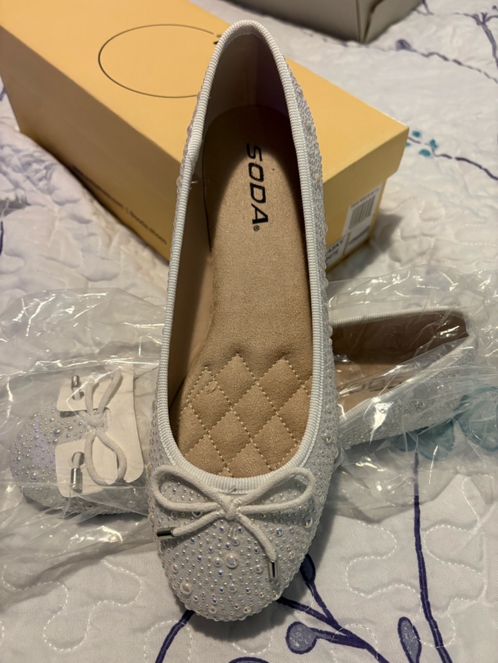 Soda White Embellished Ballet Flat with Bow